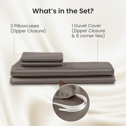 THXSILK Luxury Full Silk Duvet Cover Set 3 Pieces, Extra Soft, Breathable & Cooling Bedding Set, Machine Washable & Durable, 1 Duvet Cover & 2 Pillowcases with Zipper Closure(Charcoal) - color: Charcoal, size: Full (3 pcs)