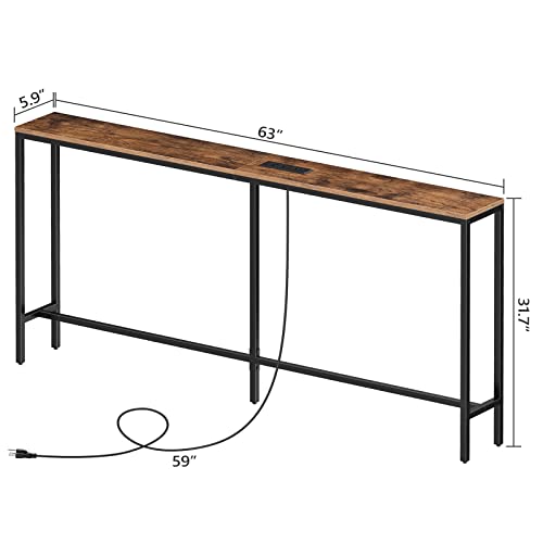 MAHANCRIS 63'' Skinny Console Table with Charging Station, 5.9" Slim Sofa Table Behind Couch, Long Entryway Tables, Narrow Sofa Hallway Table for Living Room, Foyer, Rustic Brown CTHR165E01Z1 - size: 5.9"D x 63"W x 31.7"H