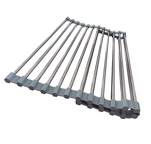 Roll Up Dish Drying Rack, Stainless Steel and Silicone Dish Drying Mat Over The Sink Foldable Drain Rack Multipurpose Dish Drainer for Kitchen, 14.5” x 14”, Gray - color: Gray