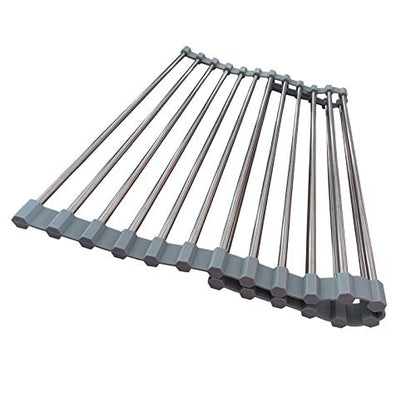 Roll Up Dish Drying Rack, Stainless Steel and Silicone Dish Drying Mat Over The Sink Foldable Drain Rack Multipurpose Dish Drainer for Kitchen, 14.5” x 14”, Gray - color: Gray