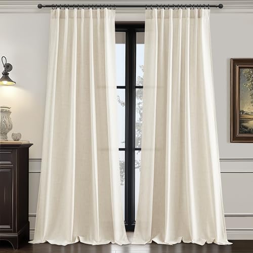 Living Room 102 Inch Long Curtains Thick Linen Blend Cream Pleated Drapes Back Tab & Rod Pocket, Semi Sheer Privacy Light Filtering Large Window Curtain for Nursery Panels of 2 Set Cute White Ivory - color: Birch, size: 52"W x 102"L (Pack of 2)