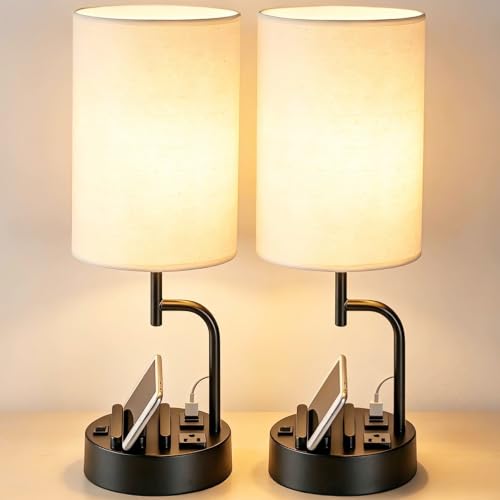 Dreamholder 2 Pack Table Lamp, Bedside Lamp with 3 USB Charging Ports & AC Outlet, USB Desk Lamp with 2 Phone Holders, Linen Fabric Shade Nightstand Lamps for Bedroom Living Room Office, Black - color: Black