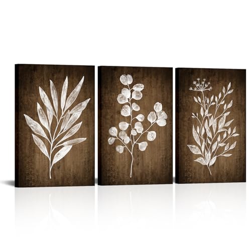Conipit Rustic Botanical Wall Art Canvas Brown Botanical Painting Minimalist Vintage Leaf Plant Artwork Prints Framed For Living Room Bedroom Wall Decor 16''X24''X3pcs - color: brown, size: 16" x 24" (3 Panels)