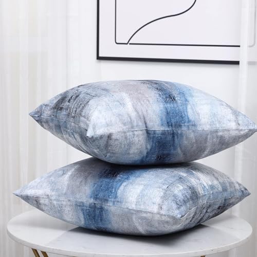 Blue and Grey Throw Pillow Cover Pack of 2, Abstract Art Gallery Modern Decorative Cushion Cover for Bedroom Sofa Living Room(16 x 16 Inch,Blue and Grey) - color: Blue and Grey, size: 16" x 16" (Pack of 2)