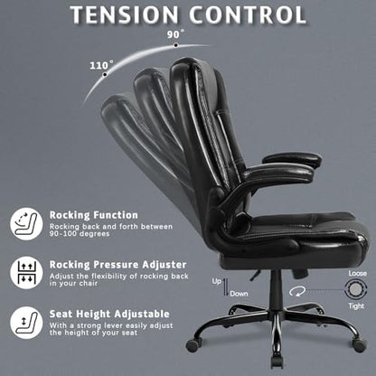 Flip-up Arms Office Desk Chair Big and Tall Managerial Executive Chair, High Back Computer Chair Ergonomic Adjustable Height PU Leather Chairs with Armrest for Long Time Sitting - color: New Black