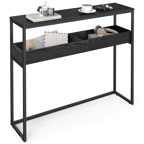 VASAGLE 39.4 Inches Console Table, Narrow Sofa Table, 2-Tier | Easy Assembly, Semi-Open Compartments, Entryway Table for Living Room, Bedroom, Ebony Black and Ink Black ULNT091B01 - color: Ebony Black + Ink Black, size: 9.4"D x 39.4"W x 31.5"H