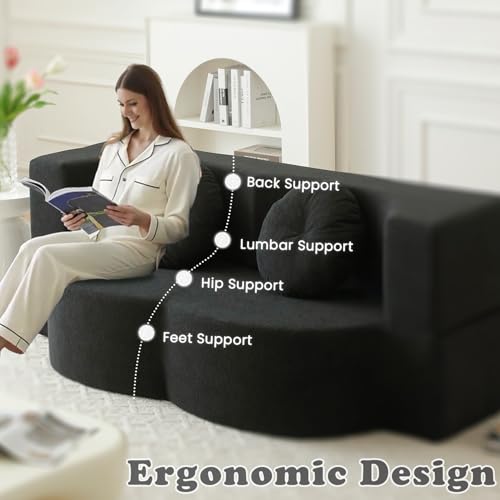 76" Convertible Folding Futon Sofa Bed, Queen Sleeper Sofa with Pillow, Teddy Floor & Futon Loveseat Couch, Foam Folding Mattress Sleeper for Living Room, Guest Use, Apartment, No Assembly (Black) - color: Black