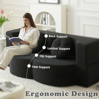 76" Convertible Folding Futon Sofa Bed, Queen Sleeper Sofa with Pillow, Teddy Floor & Futon Loveseat Couch, Foam Folding Mattress Sleeper for Living Room, Guest Use, Apartment, No Assembly (Black) - color: Black