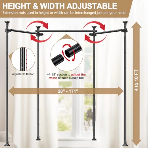 Room Divider Curtain Rod - 4-10ft(H) 28-171inch(W) Adjustable No Drilling Curtain Divider for Room Separation,Heavy Duty Floor to Ceiling Curtain Stand,Wall Divider for Space Separator Partition,Black