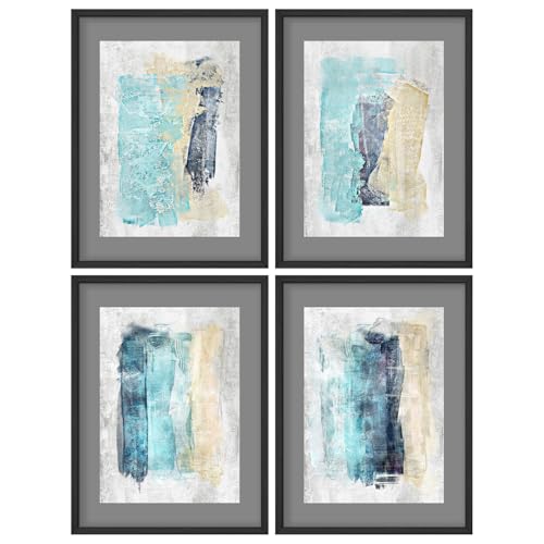 SIGNWIN Framed Pastel Watercolor Blue, Teal, Yellow Paint Stroke Collage Wall Art, Set of 4 Abstract Geometric Wall Decor Prints, Nature Wilderness Wall Décor for Living Room, Bedroom - 11"x14" Black - color: A35-2303-yuk16, size: 11"L x 14"W, style: Blac