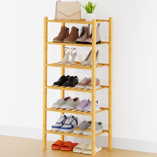 Smiry Bamboo Shoe Rack, 14 Vertical Slats, 6 Tier - 17.3" Wide, Natural | Stackable Free Standing Wooden Shoe Organizer, Wood Shoe Storage Shelf for Closet, Entryway, Thicher Leg - color: Natural, size: 17.32" Wide - 6 Tier - Thicker