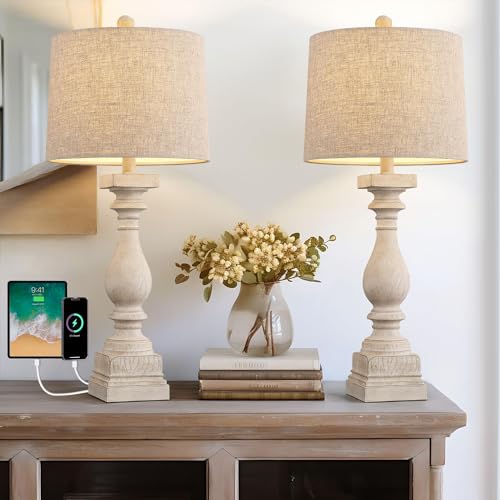 BOBOMOMO 27" Table Lamp with USB C+A Charging Ports Set of 2 Antique Nightstand Lamp for Bedroom Living Room Farmhouse Office Retro Rustic Resin Bedside Desk Lamps Washed White (Blubs not Included) - color: Beige