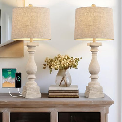BOBOMOMO 27" Table Lamp with USB C+A Charging Ports Set of 2 Antique Nightstand Lamp for Bedroom Living Room Farmhouse Office Retro Rustic Resin Bedside Desk Lamps Washed White (Blubs not Included) - color: Beige
