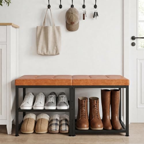 DreamDashio Set of 2 Small Shoe Storage Benches with PU Leather Cushion, 3-Tier Shoe Rack Organizer for Entryway, Metal Mesh Shelves, Holds Up to 300 lbs, Brown (31.5"x11.4"x17.5") - color: Brown, size: 31.5"L