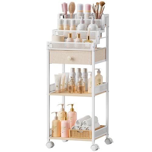 Plaviya Bathroom Storage and Organizer with Drawer, Makeup Cart 13in | Rolling Makeup Storage Cart for Bedroom, Skincare Vanity Display Riser for Cosmetics, Perfume, Laundry, Small Space, Metal - color: Matte White