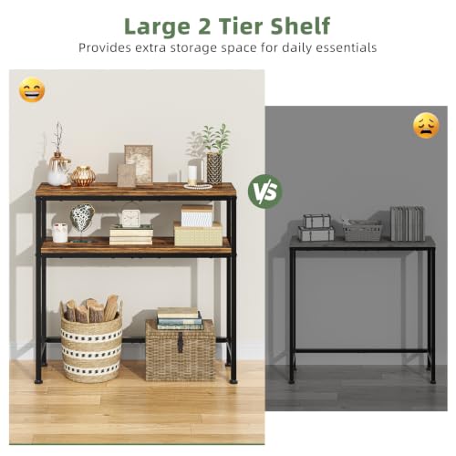Simple Trending Console Table, 2-Tier Narrow Sofa Table, Rustic Brown | Entryway Table with Storage Shelf, Metal Frame, Adjustable Feet Pads, for Entryway, Living Room, 8 x 31.75 x 31.25Inches - size: 2-Tiers Sofa Table