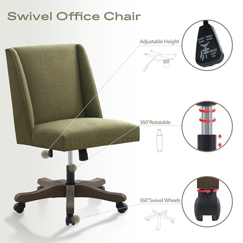 Upholstered Armless Office Chair Fabric Swivel Home Desk Chair with Wheels | Modern Comfy Boho Office Chair with Wooden Legs Adjustable Desk Chair no Arms for Sewing Women Farmhouse Study Studio Green - color: Green