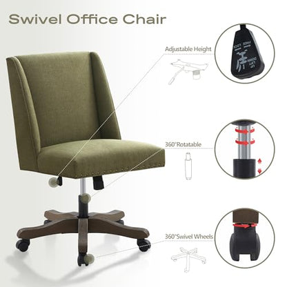 Upholstered Armless Office Chair Fabric Swivel Home Desk Chair with Wheels | Modern Comfy Boho Office Chair with Wooden Legs Adjustable Desk Chair no Arms for Sewing Women Farmhouse Study Studio Green - color: Green