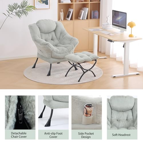 Lazy Chair with Ottoman, Comfy Accent Reading Chair, Plush Green | Foldable Footrest,Removable Cover,with Armrests and Side Pockets,Upholstered Lounge Chair for Bedroom,Dorm,Office,Small Space - color: Plush Green