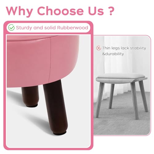 Small Foot Stool Round Pouf Ottoman, Leather Foot Rest with Rubber Legs | 13'' Leather Footrest with Non-Skid, Foolstool Ottomans for Couch, Sofa Step Stool for Living Room Bedroom Entryway, Pink - color: Pink