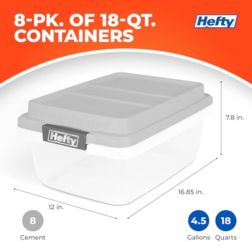 Hefty 18 Qt Hi-Rise Storage Bin with Lid, Stackable Plastic Storage Container, Organizer for Home, Garage & Closet, 8 Pack, Gray - size: 18 QT - 8 Pack