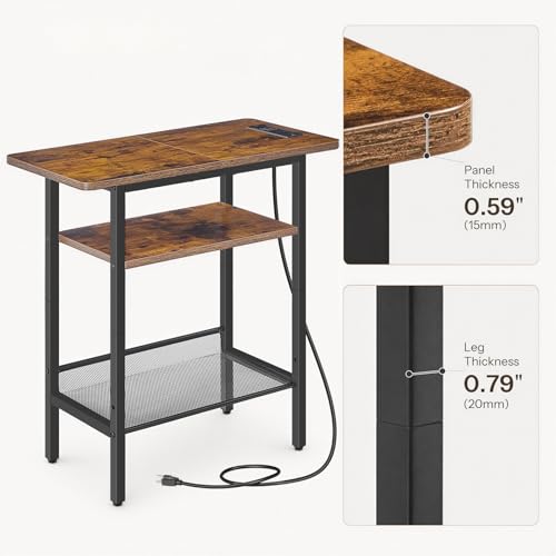 HOOBRO Side Table, Narrow End Table with Shelf and Charging Station, 3-Tier Bedside Tables with Wide Storage Tabletop for for Small Spaces, Living Room, Bedroom, Rustic Brown and Black BF366UBZ01 - color: Rustic Brown + Black