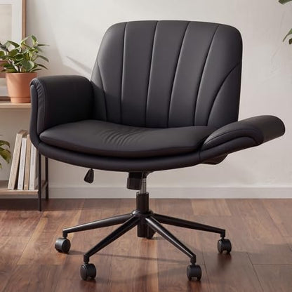 Dowinx Criss Cross Chair with Five-Level Adjustable Arms and Wheels - Comfortable Ergonomic PU Leather Swivel Vanity Chair - Computer Makeup Gaming Chair for Home Office, Bedroom, Living Room (Black) - color: All Black