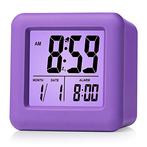 Plumeet Digital Alarm Clock for Kids with Snooze and Nightlight - Easy Setting Silicone Display Time, Date - Loud for Bedroom - Battery Powered (Purple) - color: Purple