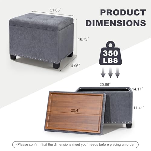 Homebeez Storage Ottoman with Tray Top, 22" Tufted Fabric Coffee Table with Storage, Foot Rest Ottoman with Nailhead Trim, for Living Room Bedroom, Gray - color: Gray Chenille