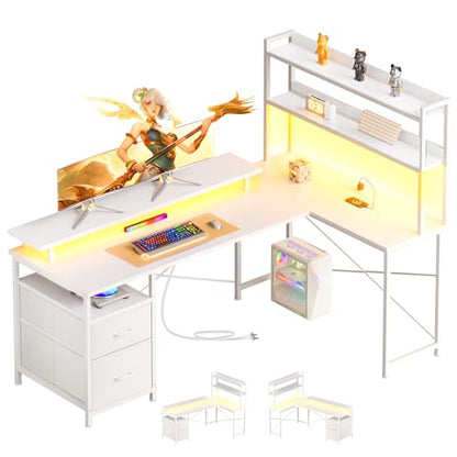 L Shaped Gaming Desk, Reversible with LED Lights, Shelves, White | Reversible, LED lights, Charging, Monitor stand - color: White