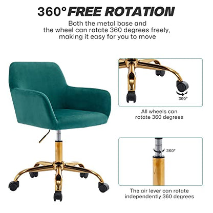 Velvet Makeup Vanity Chair,Home Office Desk Chair with Wheels, Green | Fluffy Swivel Modern Armchair Upholstered Fuzzy Height Adjustable for Teens Women Girls Elegant for Living Room Bedroom - color: Green
