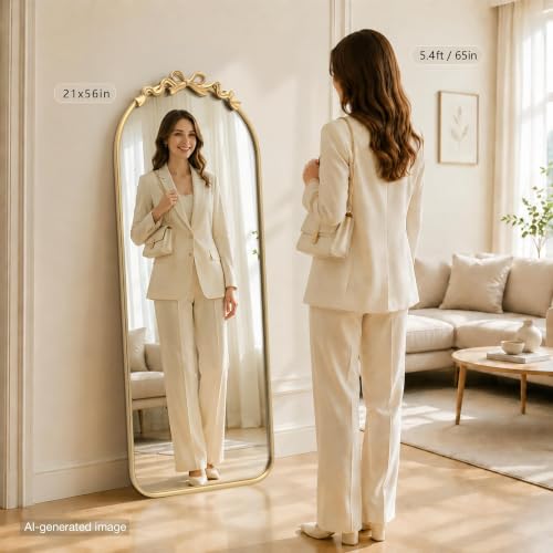 Besdomus Arched Mirror Full Length: 21"x56" Vintage Bow Gold Floor Mirrors | French Antique Baroque Arch Metal Framed - Traditional Ornate Standing for Foyer/Dressing Room/Cloakroom/Bedroom/Living Room - color: Gleaming Gold, size: 56"L x 21"W