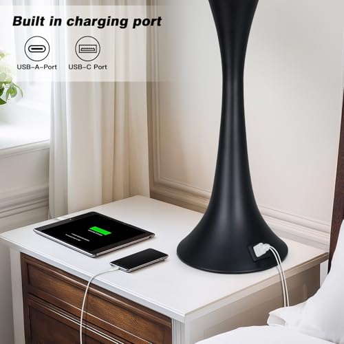 Rinweey 27.5" Table Lamps Set of 2, Touch Bedside Lamps with USB C+A Ports, 3 Way Dimmable Nightstand Lamps for Bedroom, Living Room, Office, Black Lamp with Beige Lampshade, Bulbs Included - color: Black