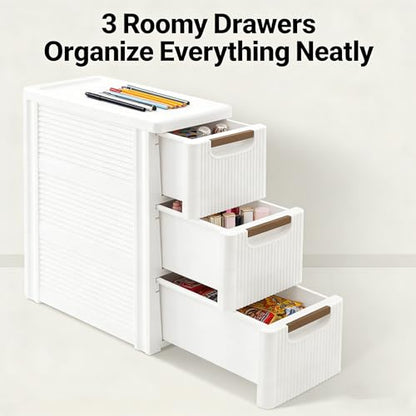 Storage Drawers on Wheels, 3-Drawer Slim Rolling Storage Cart with 4 Casters, Narrow Plastic Organizer for Bathroom Bedroom Kitchen Classroom, Space-Saving Mobile Cabinet