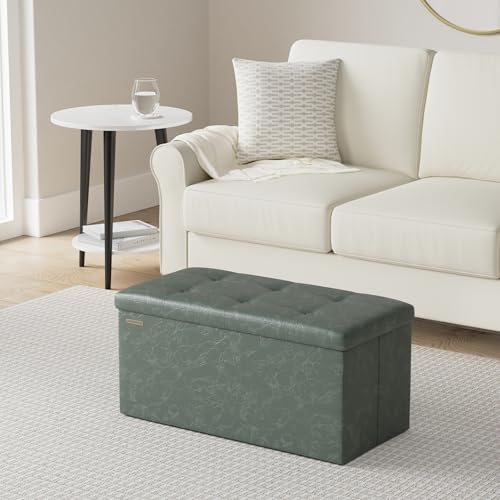 SONGMICS Mazie Collection - 30 Inches Folding Storage Ottoman Bench, Ottoman with Storage, Foot Rest Stool, Load 660 lb, for Living Room, Synthetic Leather, Forest Green ULSF040C01 - color: Forest Green, size: 15"D x 30"W x 15"H
