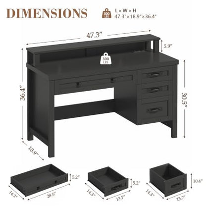 47" Farmhouse Computer Desk with Drawers & Outlets for Home Office, Bedroom | Executive Desk with Power Outlets, Home Office Desk with Monitor Stand & Drawers, Small Desk Writing Study Table, Black - color: Black