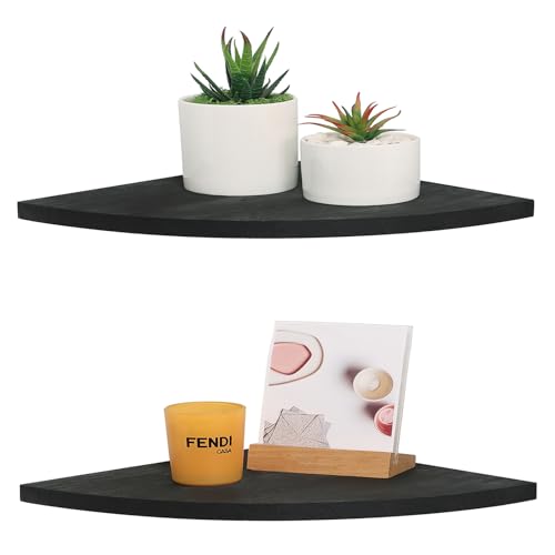 JORIKCHUO 10 inch Corner Shelf, Set of 2 Solid Wood Corner Floating Shelves for Wall, Round End Wall Mounted Floating Shelf for Bedroom, Living Room and Kitchen (Black-10 inch)