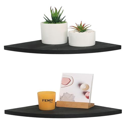 JORIKCHUO 10 inch Corner Shelf, Set of 2 Solid Wood Corner Floating Shelves for Wall, Round End Wall Mounted Floating Shelf for Bedroom, Living Room and Kitchen (Black-10 inch)