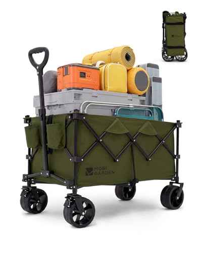 MOBI GARDEN 330Lbs Collapsible Folding Wagon Cart with Wheels 190L Capacity | Portable Utility Beach Wagon with Adjustable Handle and All-Terrain Wheels for Family Camping, Grocery, Shopping, Khaki Green - color: Khaki Green, size: 190L