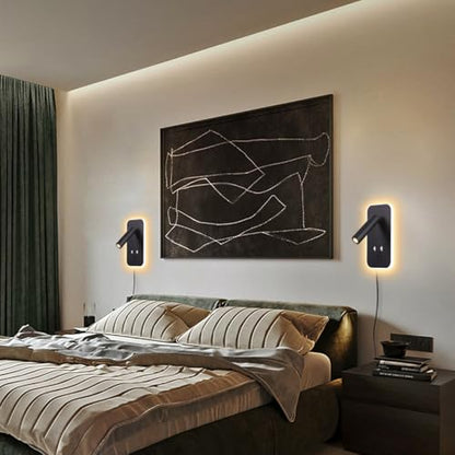 Wall-Mounted LED Bedside Reading Light Plug-in, with USB Charging Port, Stepless Touch Dimming, 3000K Warm Ambient Lighting Wall Lamp Sconce for Bedroom, Eye-Caring Bedroom Lighting (Black) - color: Black (with plug)