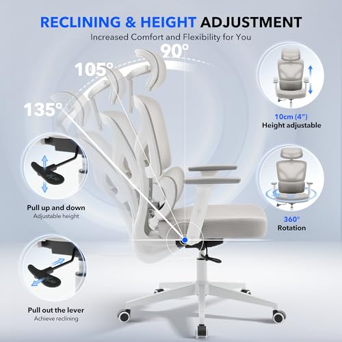 Ergonomic Office Chair Mesh – Adjustable Lumbar 3D Armrests High-Back Desk | Breathable Mesh Backrest; Seat Height & Tilt-Angle Adjustment; Smooth-Rolling Casters; Easy To Assembly, For Home, Office - color: Grey-p1
