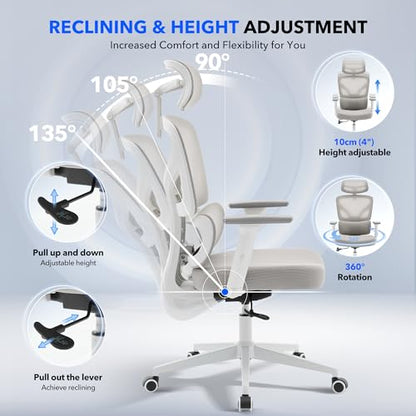 Ergonomic Office Chair Mesh – Adjustable Lumbar 3D Armrests High-Back Desk | Breathable Mesh Backrest; Seat Height & Tilt-Angle Adjustment; Smooth-Rolling Casters; Easy To Assembly, For Home, Office - color: Grey-p1
