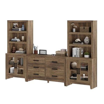 WAMPAT Farmhouse Entertainment Center with Bookshelves, TV Stand Set with Glass Doors & 6 Drawers, Wood Media Console for Living Room, Bedroom, Brown - color: Brown