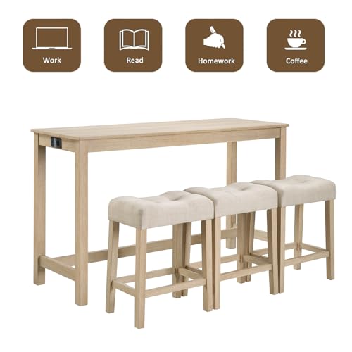 59" Counter Height Bar Table Set with Power Outlet, Industrial Breakfast Table with 3 Padded Stools, 4 Piece Bar Table and Chairs Set for Living Room, Dining Room, Light Oak - color: R1-light Oak