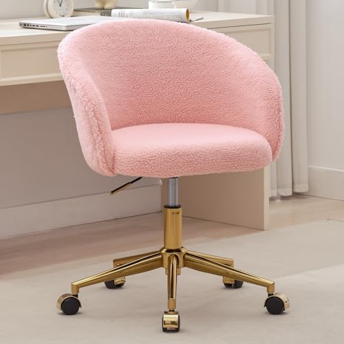 Faux Fur Makeup Vanity Chair,Home Office Desk Chair with Wheels, Blue | Fluffy Swivel Modern Armchair Upholstered Fuzzy Height Adjustable for Teens Women Girls Elegant for Living Room Bedroom - color: Round Pink+golden Base