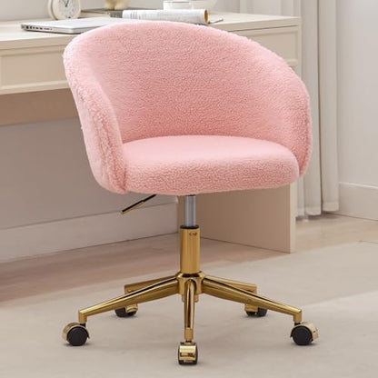 Faux Fur Makeup Vanity Chair,Home Office Desk Chair with Wheels, Blue | Fluffy Swivel Modern Armchair Upholstered Fuzzy Height Adjustable for Teens Women Girls Elegant for Living Room Bedroom - color: Round Pink+golden Base