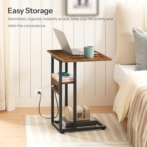 HOOBRO Foldable End Table, C Shaped Side Table with Charging Station, Sofa Couch Table that Slide Under for Living Room Bedroom Small Spaces, Easy Assembly, Rustic Brown and Black BF29USF01