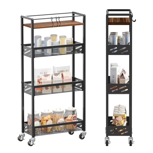 DGSNADGO Slim Rolling Storage Cart, 4-Tier Narrow Kitchen Cart with Wheels | Metal Mobile Snack Shelving, Rolling Spice Rack for Small Space in Kitchen, Living Room, Bathroom, Rustic Brown and Black - color: Rustic Brown+black