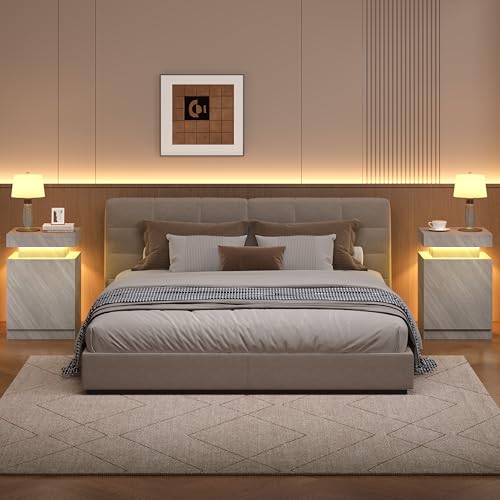 Nightstands Set 2, 17 Inches Modern Bedside Table with LED Lights, LED Night Stand Set of 2, High Gloss Surface, End Table with Storage for Bedroom, Grey - color: Grey-17"