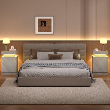 Nightstands Set 2, 17 Inches Modern Bedside Table with LED Lights, LED Night Stand Set of 2, High Gloss Surface, End Table with Storage for Bedroom, Grey - color: Grey-17"